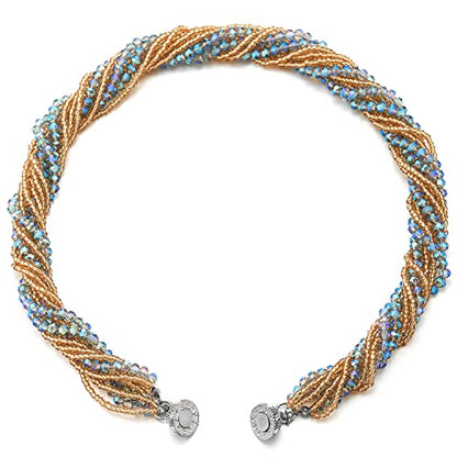 COOLSTEELANDBEYOND Multi-Layer Beads Crystal Braided Chain Choker Collar Magnetic Clasp,Statement Necklace, Bracelet - color: Q-Necklace Champagne & Blue Color