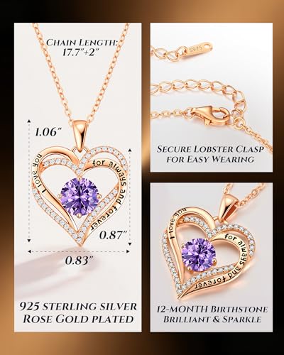 CDE S925 Silver Engraved Forever Love Heart Birthstone Necklaces for Women | 5A CZ,Hypoallergenic,Nickel-Free & Lead-Free Pendant,Anniversary Christmas Wedding Birthday Gift for Wife Girlfriend - color: 02-Feb, style: Rose Gold Plated