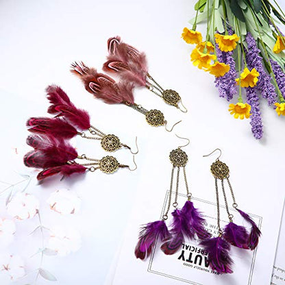 6 Pairs Women Faux Feather Earrings Dream Catcher Bohemian Fringe Tassel Long Drop Dangle Earrings Set with Design for Women - style: Style 8