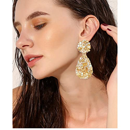 Rhinestone Statement Earrings Teardrop Costume Earrings Cluster Crystal Chandelier Drop Dangle Earrings for Women - color: Champagne