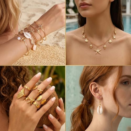 Boho Beach Jewelry Sets for Women | Summer Seashell Starfish Accessories, Necklace, Earrings, Rings Anklet - style: 35pcs Ocean Beach Set
