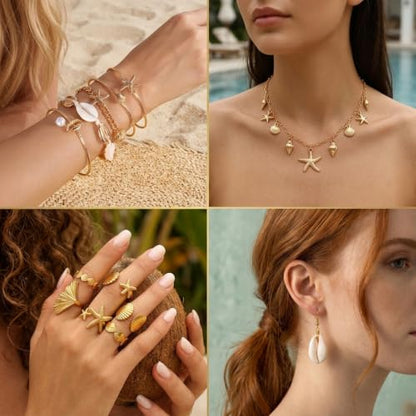 Boho Beach Jewelry Sets for Women | Summer Seashell Starfish Accessories, Necklace, Earrings, Rings Anklet - style: 35pcs Ocean Beach Set