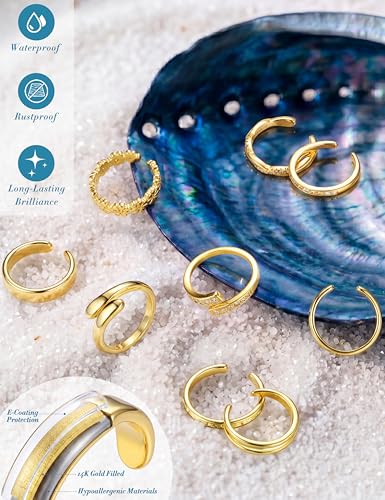 FASACCO 9Pcs 14K Gold Filled Toe Rings Non Tarnish Toe Rings for Women | Adjustable Open Band Ring, Silver Plated Toe Ring, Waterproof Summer Beach Foot Jewelry - color: 14K Gold-CZ
