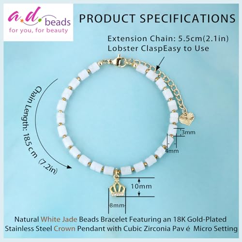 Natural Gemstone Healing Crystal Dainty Charms Bracelet Adjustable Chain Extender Minimalist Jewelry - color: White Jade + Crown