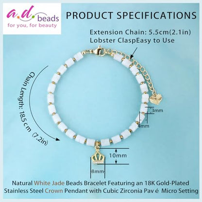 Natural Gemstone Healing Crystal Dainty Charms Bracelet Adjustable Chain Extender Minimalist Jewelry - color: White Jade + Crown