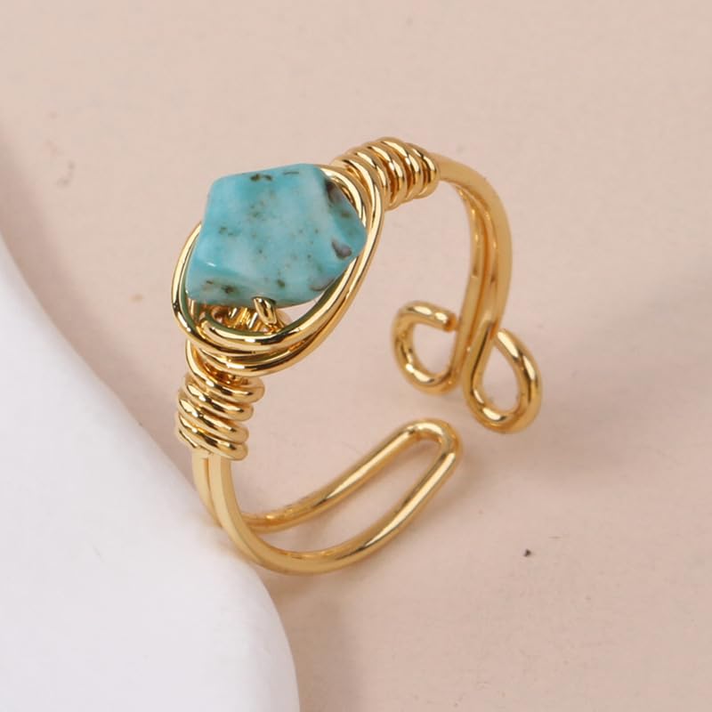 Chakra Crystal Ring Adjustable Gemstone Rings Wire Wrapped Irregular Crystal Ring Gemstone Carnelian Rose Quartz Amethyst Evil Eye Tiger Eyes Crystal Ring for Women - color: Turquoise