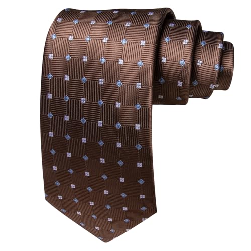 YOHOWA Men Plaid/Striped Ties Clip Set Silk Necktie Pocket Square Cufflinks | Woven Classic,Formal/Casual Mens Tie,Pocket Square Cufflinks Set,Luxury,Business,Wedding,Party,Prom,Graduation - color: Brown