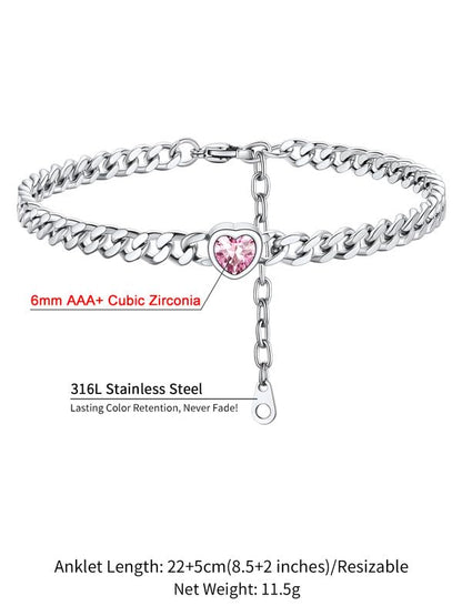 ChainsHouse Cuban Chain Anklets for Women with Heart Birthstone Jan - Dec | Stainless Steel Black Link Chain Ankle Bracelet with Birthstone, Beach Women Anklet 22cm-27cm Adjustable, with Gift Box - color: 10. Oct.-Tourmaline-Steel