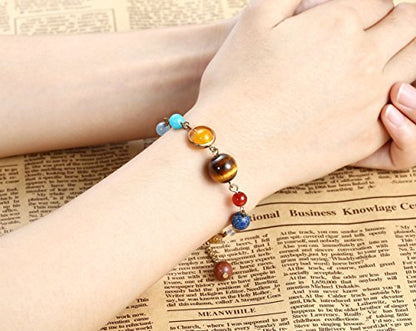 Fesciory Solar System Bracelet for Women, Universe Galaxy Beaded Jewelry | Natural Stone Beads, Universe Galaxy Design, Guardian Star Charm, Adjustable Fit, Birthday & Astronomy Planet Gifts for Loves - color: Gold Plated(Adjustable)