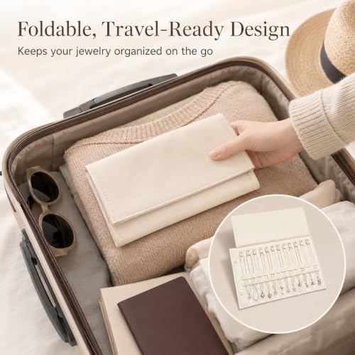 Travel Necklace Organizer Roll Up Jewelry Case, 12 Slots, Beige | Foldable travel jewelry organizer keeps necklaces, chains and bracelets separated in 12 slots to reduce tangles on the go.