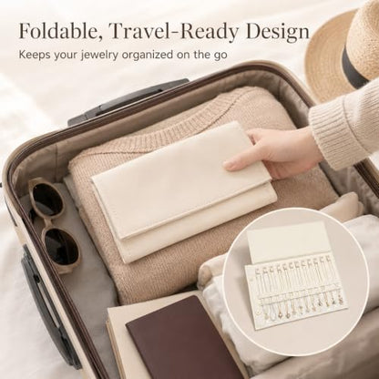 Travel Necklace Organizer Roll Up Jewelry Case, 12 Slots, Beige | Foldable travel jewelry organizer keeps necklaces, chains and bracelets separated in 12 slots to reduce tangles on the go.
