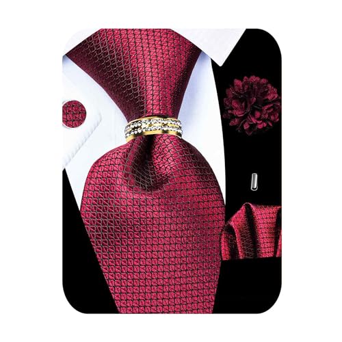 5PCS Mens Silk Tie, Pocket Square, Cufflinks, Drilled Tie Ring and Lapel Pin Set for Wedding Groom Party - color: Burgungy Tie Set -234