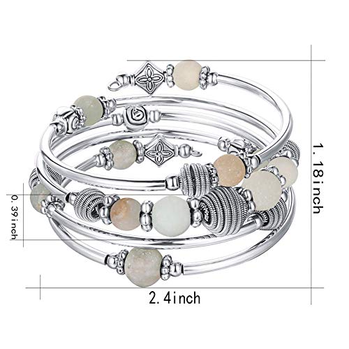 PEARL&CLUB Beaded Chakra Bangle Turquoise Bracelet - Fashion Jewelry Wrap Bracelet with Thick Silver Metal and Mala Beads, Birthday Gifts For Women - color: Green