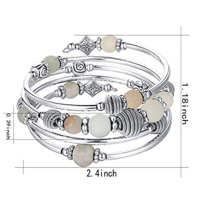 PEARL&CLUB Beaded Chakra Bangle Turquoise Bracelet - Fashion Jewelry Wrap Bracelet with Thick Silver Metal and Mala Beads, Birthday Gifts For Women - color: Green