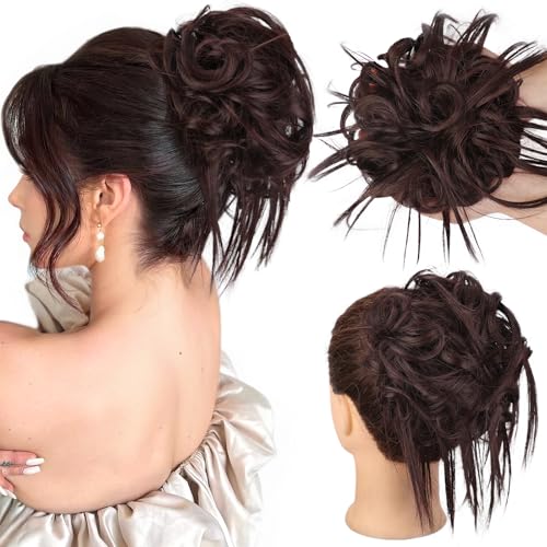 HMD Tousled Updo Messy Bun Hair Piece for Women Synthetic Hair Extension | Messy Bun Hair Piece with Elastic Scrunchie Synthetic Tousled Updos Ponytail Hairstyles for Daily Wear - color: Dark Auburn