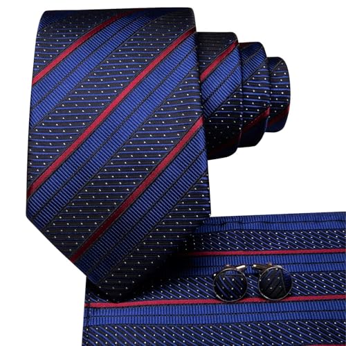 Dubulle Mens Paisley Striped Tie Woven Necktie for Men and Handkerchief Cufflinks Set Wedding Formal Business - color: Dark Blue Red