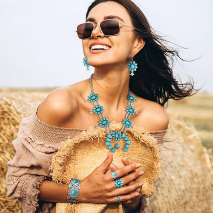 Ecally Bohemian Western Jewelry Turquoise Set Women Country Pendant Long Choker Layered Bracelets Earrings Ring for Women - color: Turquoise, style: Offbeat