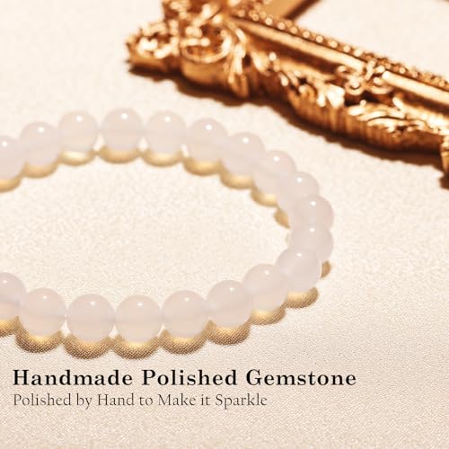 Agate Round Beaded Bracelet for Women Men Natural Agates Stone Healing Bracelets Stretch Elastic Handmade Polished Gemstone Beads Bracelet - color: White, size: 8mm Beads