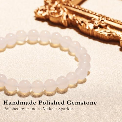 Agate Round Beaded Bracelet for Women Men Natural Agates Stone Healing Bracelets Stretch Elastic Handmade Polished Gemstone Beads Bracelet - color: White, size: 8mm Beads