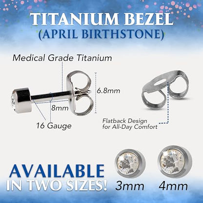 CAFLON Titanium Bezel Stud Earrings | Size 3mm / 4mm | Nickel Free Hypoallergenic Ear Jewelry | April Birthstone Clear Crystal | Secure Back Piercing Stud - size: 3 MM