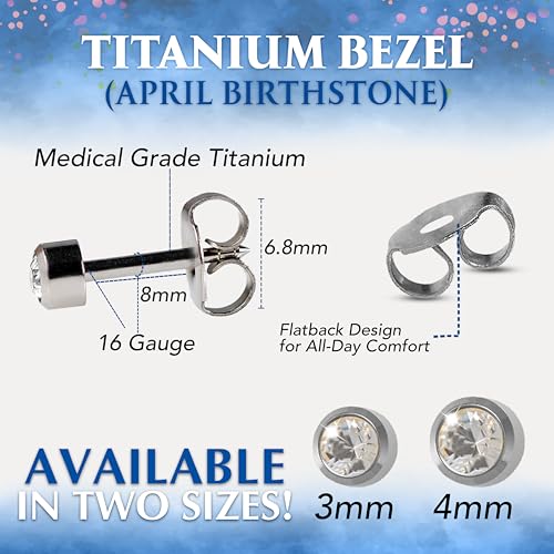 CAFLON Titanium Bezel Stud Earrings | Size 3mm / 4mm | Nickel Free Hypoallergenic Ear Jewelry | April Birthstone Clear Crystal | Secure Back Piercing Stud - size: 4 MM