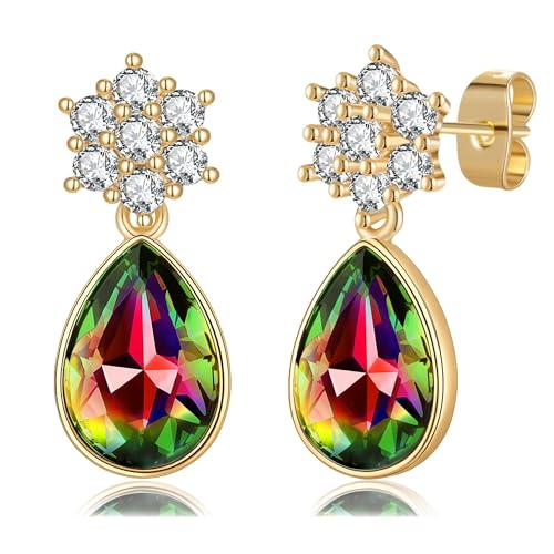 Elegant Austrian Crystal Teardrop Dangle Earrings for Women,14K Gold Plated Flower Drop Earrings Jewelry Gift for Birthday Wedding Anniversary - color: Vitrail Medium