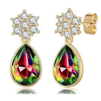 Elegant Austrian Crystal Teardrop Dangle Earrings for Women,14K Gold Plated Flower Drop Earrings Jewelry Gift for Birthday Wedding Anniversary - color: Vitrail Medium