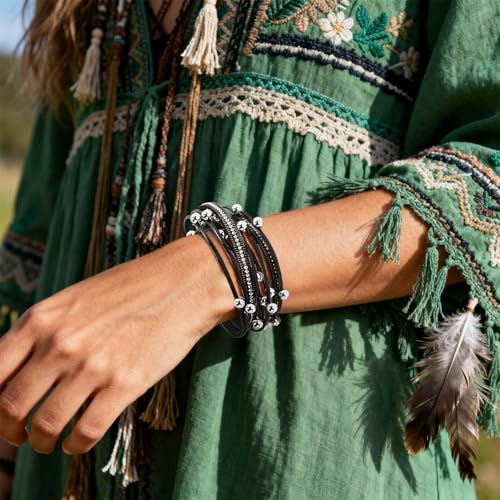 Wrapped Bracelets for Women,Leather Boho Bracelets for Women - color: Doubleloop-Black