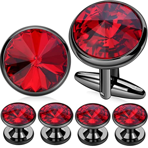 HAWSON Cufflinks for Men with 4/6 pcs Shirt Studs Set, Gift Box Packed, Mens Jewelry or Accessories for Wedding, Party, Anniversary, Birthday - color: Clear Red(2 cufflinks & 4 studs)