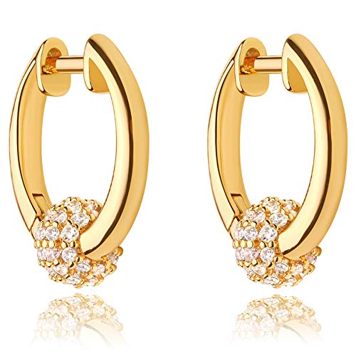 DREMMY STUDIOS Gold Dainty Huggie Hoop Earrings 18K Gold Plated Exquisite Open Tassel Dangle Charm Drop Sleeper Geometric Cross Coin Star Heart White CZ Simple Hypoallergenic Earrings for Women - color: Drop-White Ball