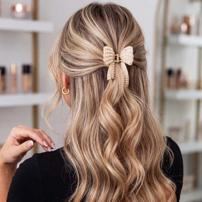 CAKURE Bow Claw Clips Gold Hair Clips Hair Accessories for Women | 2 PCS Pearl Bow Hair Claw Clips for Thin Hair Cute Small Claw Jaw Clips Daily Prom Wedding