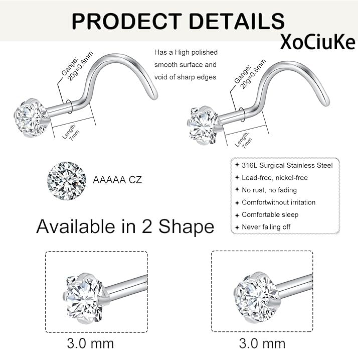20G Nose Rings Studs for Women Corkscrew Sliver Nose Studs Hypoallergenic Nose Rings 316L Stainless Steel Nose Nostril Percing Jewely for Women Men Round Square CZ Imitation Diamond 1.5mm/2.0mm/2.5mm/3.0mm - style: 20G-corkscrew-sliver-3.0mm