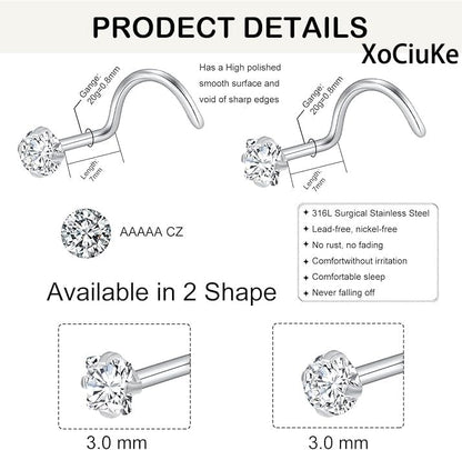 20G Nose Rings Studs for Women Corkscrew Sliver Nose Studs Hypoallergenic Nose Rings 316L Stainless Steel Nose Nostril Percing Jewely for Women Men Round Square CZ Imitation Diamond 1.5mm/2.0mm/2.5mm/3.0mm - style: 20G-corkscrew-sliver-3.0mm