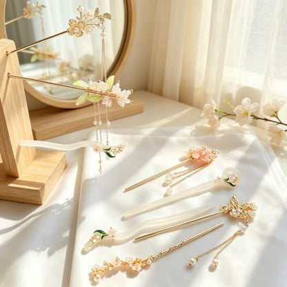 8 Pcs Chinese Hair Sticks Set, Gold and White Japanese Hair Pin (Alloy) | Pearl Tassel Lily of the Valley Metal Flower Hairpins, Asian Traditional Styling Accessories for Women Buns - color: Alloy
