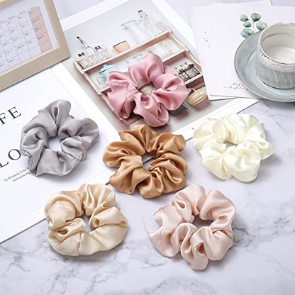 Lolalet Scrunchies for Women, Satin Hair Scrunchies Softer Than Silk Hair Ties for Hair Sleep, Big Scrunchy Ponytail Holder with Elastic Hair Bands for Girls Thick Thin Curly Hair -6 Pack, Style C - color: 2- Satin/Champagne, Pink, White, Grey, SandyBrown