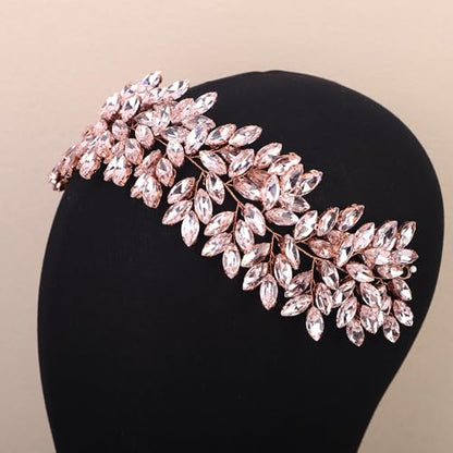 Missgrace Women Silver Green Black Red Blue Handmade Full Crystal Rhinestone Large Headband Hair Vine Shinny Headpiece Bridal Wedding Hair Accessories for Women (Rose gold pink) - color: Rose gold pink