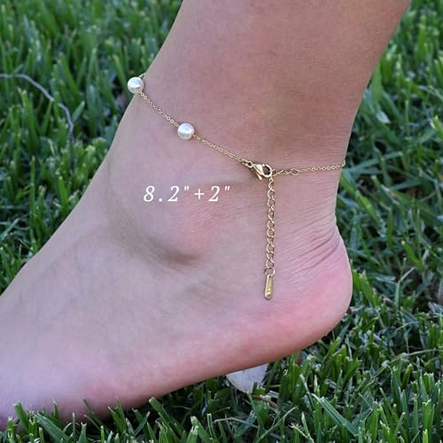 14k Gold Plated Pearl Ankle Bracelets for Women, Dainty Waterproof Anklets