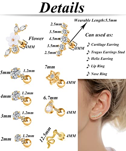 Tornito 9-30Pcs Cartilage CZ Stud Earrings Conch Forward Helix Tragus Daith Piercing Lip Rings Snake Heart Butterfly Jewelry for Women Men 16G Silver Gold Tone - color: B:Gold Tone