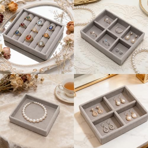 Small Jewelry Tray Set 4 Pcs Grey Velvet Stackable Jewelry Organizer Tray Mini Jewelry Drawer Organizer for Necklace Ring Earrings Jewelry (4 Styles) - color: Grey