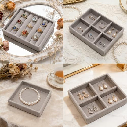Small Jewelry Tray Set 4 Pcs Grey Velvet Stackable Jewelry Organizer Tray Mini Jewelry Drawer Organizer for Necklace Ring Earrings Jewelry (4 Styles) - color: Grey
