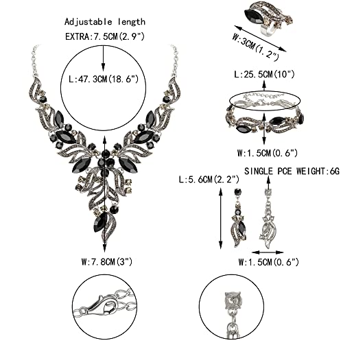 EVER FAITH Bridal Wedding Marquise Crystal Leaf Cluster Statement Y-Shaped Necklace Earrings Bracelet Ring Set for Prom - color: Black Silver-Tone