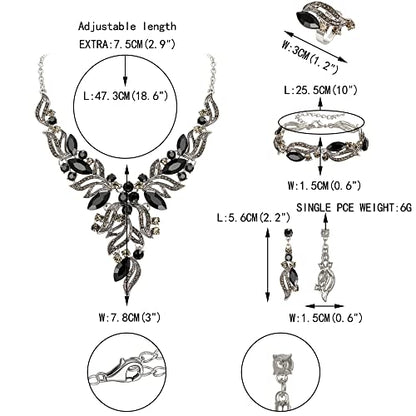 EVER FAITH Bridal Wedding Marquise Crystal Leaf Cluster Statement Y-Shaped Necklace Earrings Bracelet Ring Set for Prom - color: Black Silver-Tone