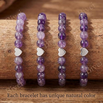 Bivei Crystal Stretch 6mm Bracelets for Women | Handmade Natural Stone Beaded Stretch Bracelet, Stainless Steel Heart Bead, Tranquility Yoga Gift Jewelry for Women - color: Amethyst - Tranquility
