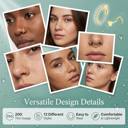 20G Nose Rings Hoops And Studs For Women Men, 12PCS Hypoallergenic Stainless Steel Nose Hoops Dainty Non Tarnish Nose Hoop Set, L Shaped CZ Nose Stud Piercing Jewelry Gold/Sliver - color: 20G-Gold