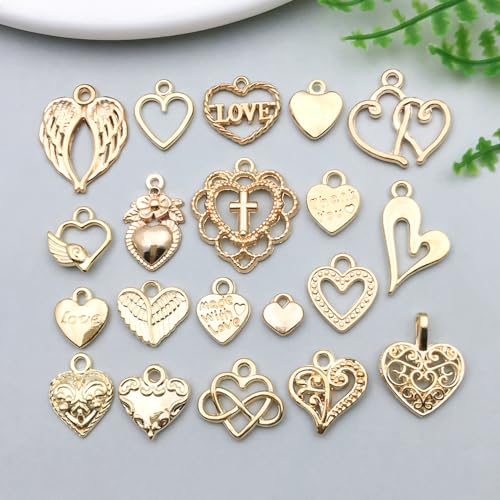 WOCRAFT 60pcs KC Gold Heart Valentine's Day Wedding Charms Bracelet Charms for Jewelry Making Sets DIY Necklace Bracelet Keychain Crafting Charms Kit Craft Supplies (SN920) - color: KC Gold, size: Heart Charms