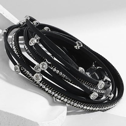 Fesciory Leather Wrap Bracelet for Women, Boho Western Layered Cuff Jewelry | Stackable Bracelets, Easy-On Clasp, Daily Wear, Pairs with Boho Western Outfits, Gift for Women - color: Black10