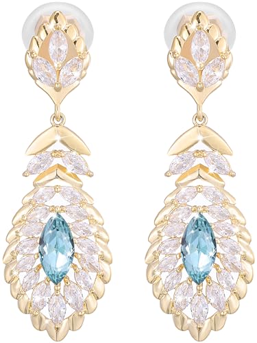 Clip On Crystal Dangle Non Pierced Earrings for Women 14K Gold Plated Jewelry - color: Mar-Aquamarine-14K Gold