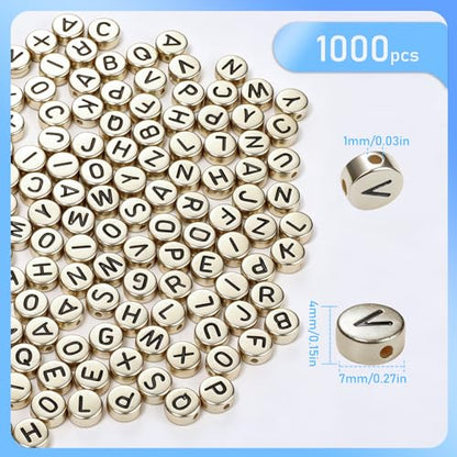 1000Pcs Acrylic Gold Letter Beads Alphabet Colorful Letter Black Round Beads for Friendship Bracelets and Gifts Souvenir Jewelry Making(4 * 7mm Round) - color: Black Gold(Round)