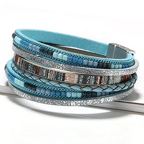 Fesciory Leather Wrap Bracelets for Women, Boho Western Layered Jewelry | Layered leather cuff bracelets, Easy on and off, Boho western style, Daily wear, Gift for women - color: Blue 2