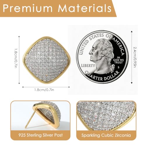 18K Gold Plated Chunky Square & Round Cubic Zirconia Stud Earrings for Women, Hypoallergenic 925 Silver Post Simulated Diamond Wedding Prom Party Bridesmaid Daily Fine Jewelry Gift for Mom Wife Friend - color: EA355-Square-Gold Geometric